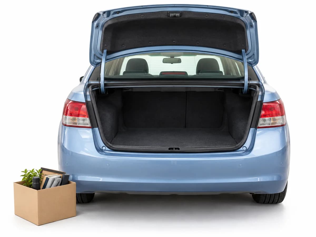 An emptied sedan boot with a box of personal belongings beside it