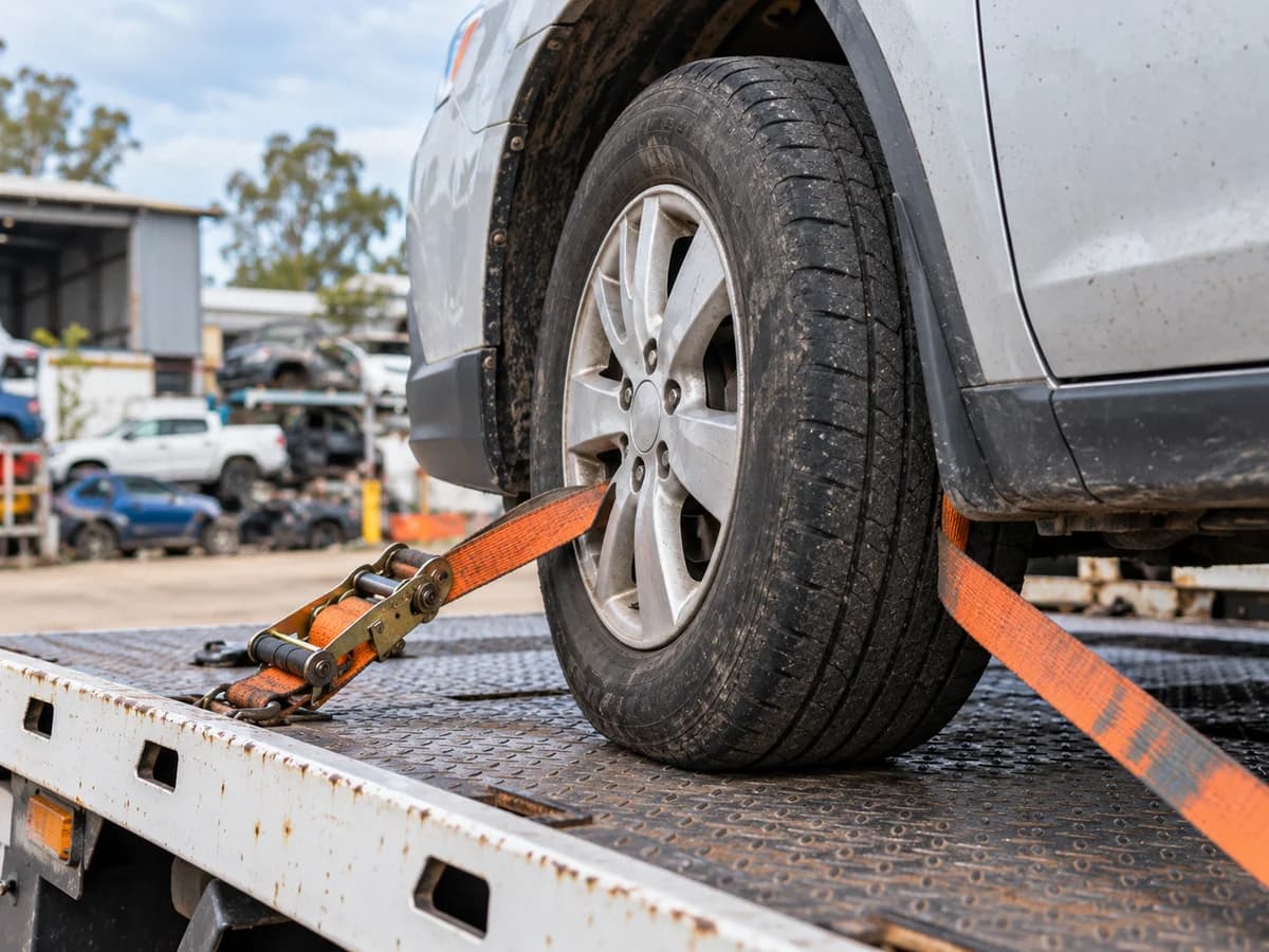 A car wheel secured to a tow truck deck with orange ratchet straps