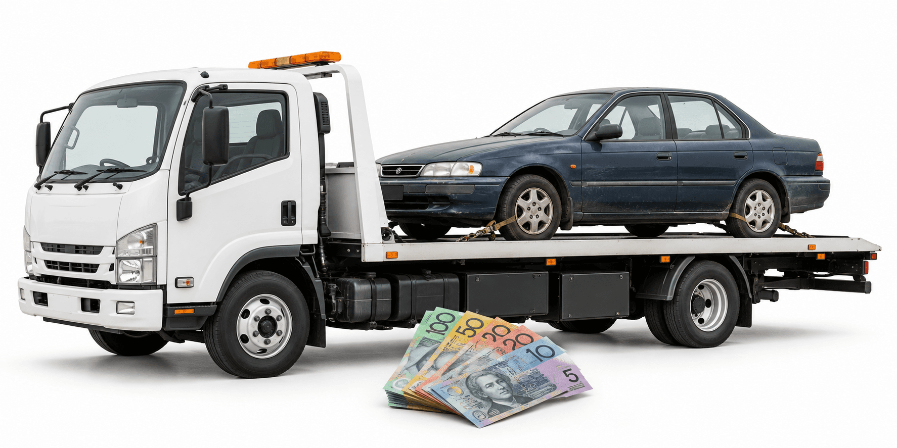 A white tow truck carrying an old blue car, with cash in the foreground on a white background