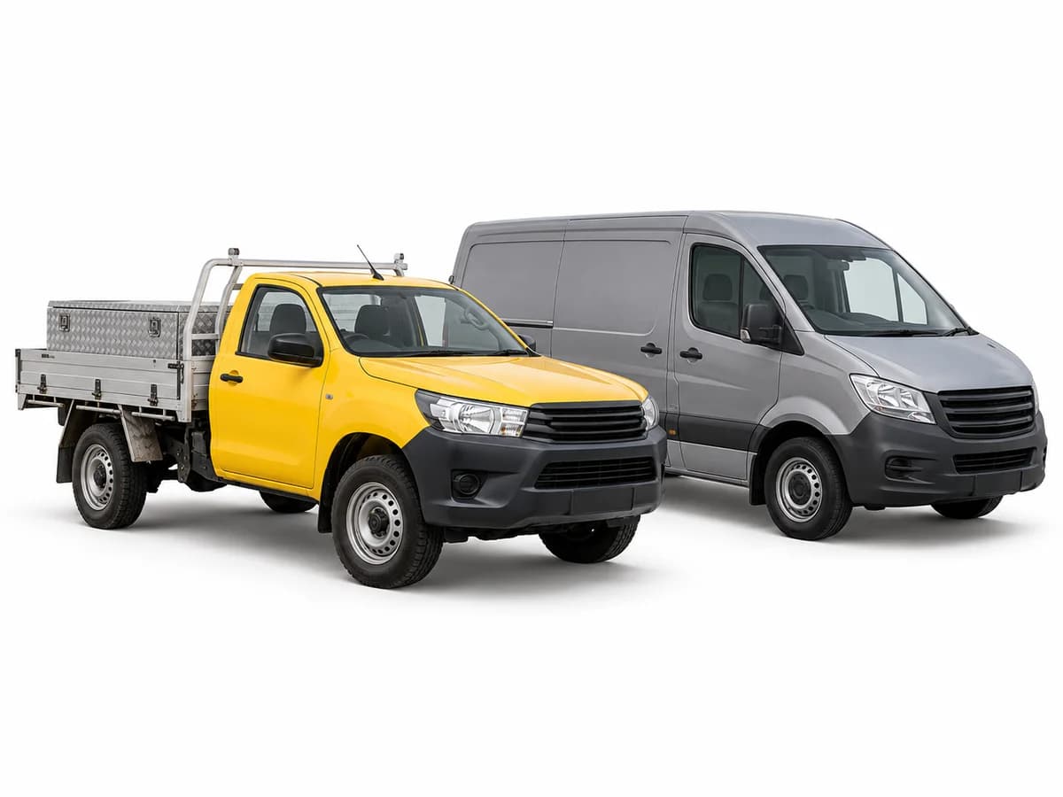 A yellow work ute with a toolbox beside a grey panel van