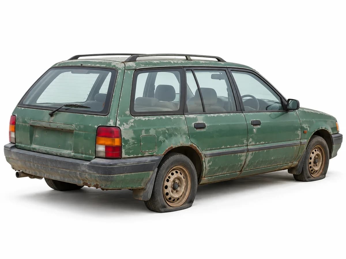 An old green station wagon with faded paint