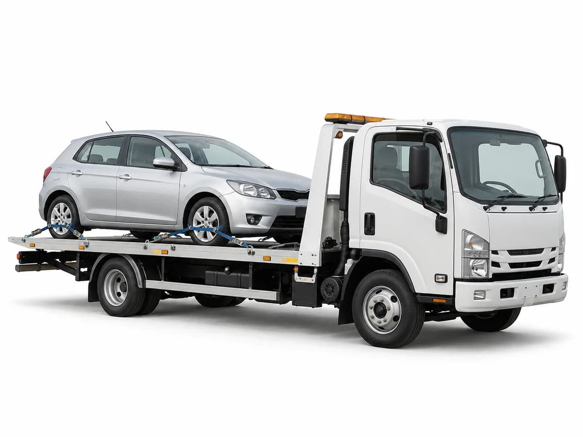 A white tow truck carrying a silver hatchback