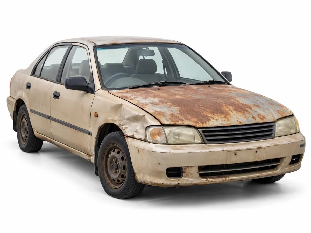 A beige sedan with a dented wing and rusty bonnet