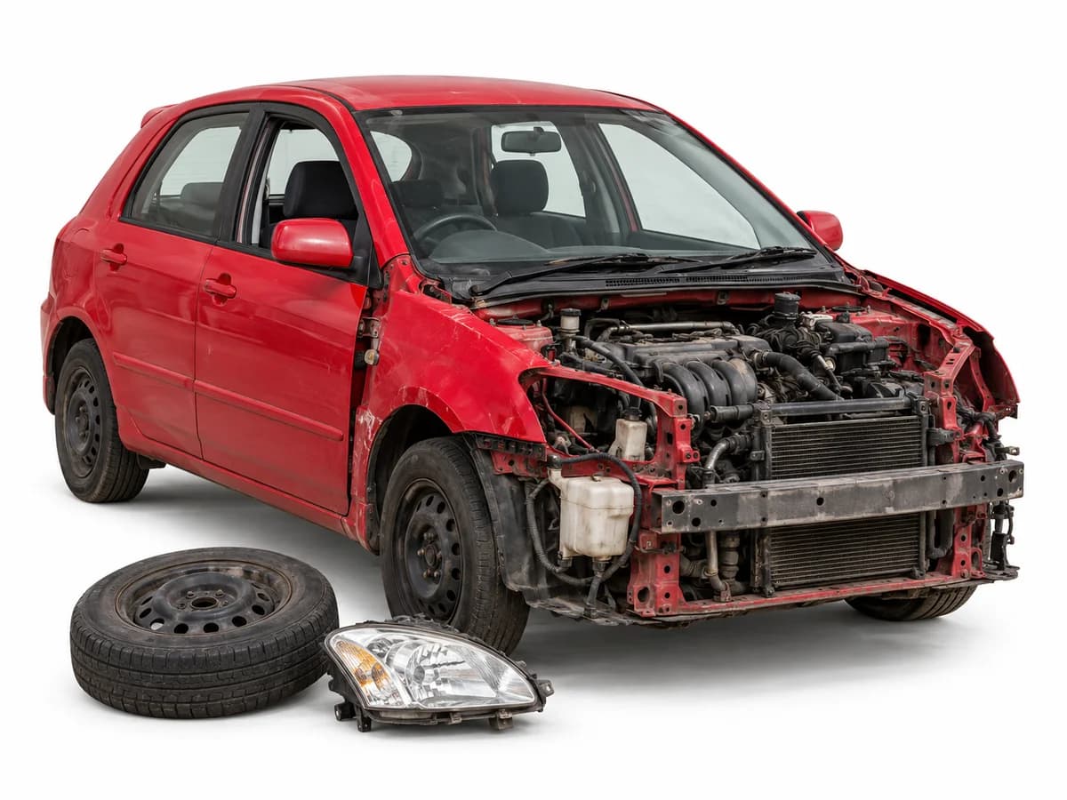 A dismantled red hatchback with a salvaged wheel and headlight