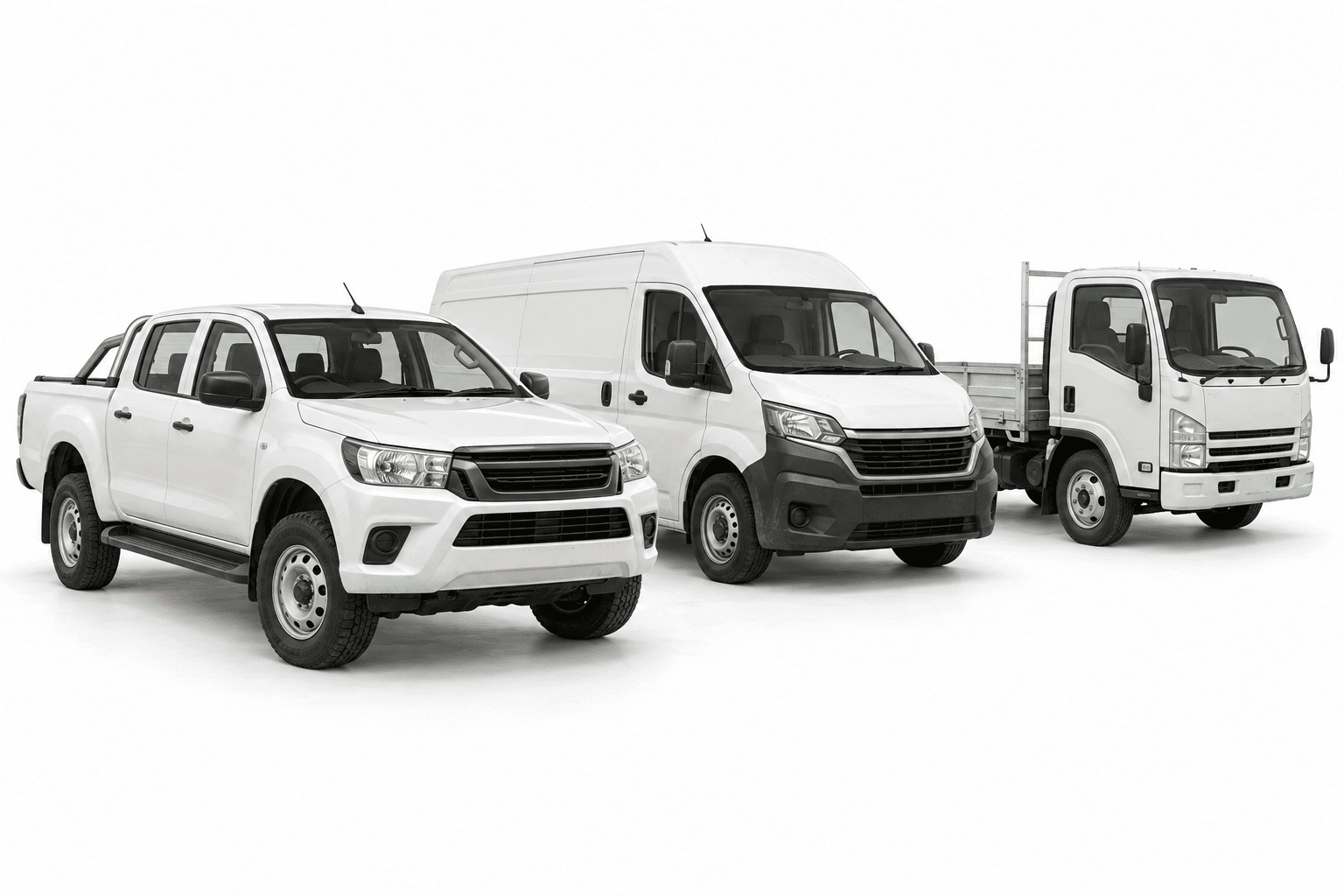 A white ute, panel van and tray truck on a white background