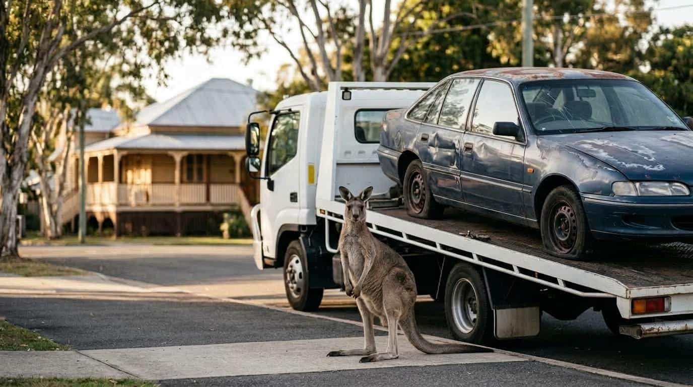 A tow truck carrying an old car on a leafy Queensland street